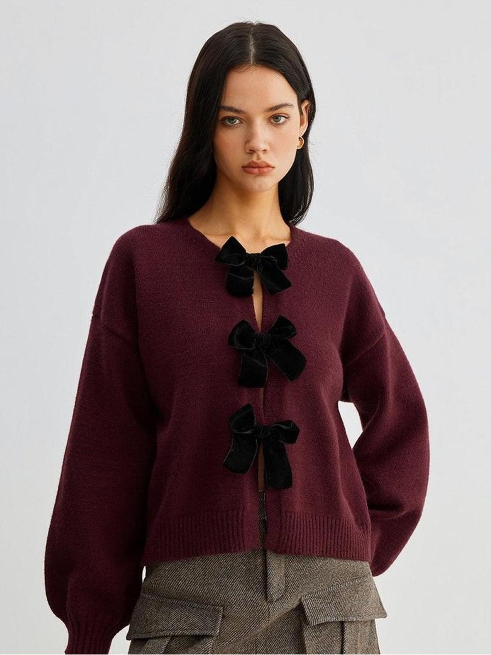 Commense Burgundy Cardigan with velvet Bows, lantern sleeve, Size M